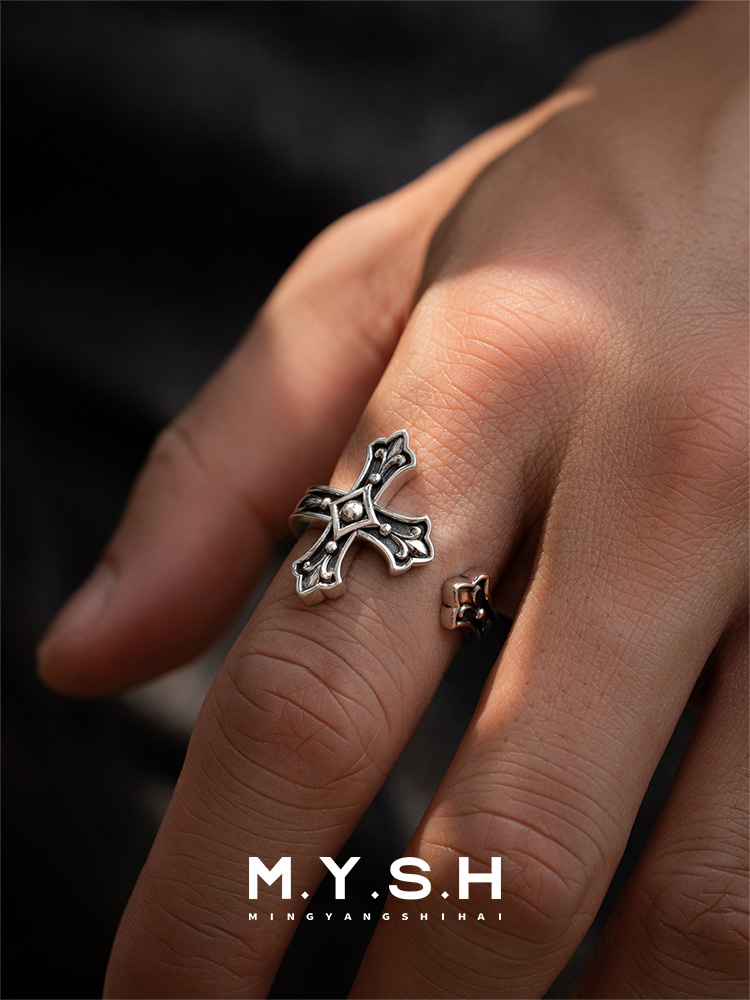 S925 Silver Fleur-de-Lis Cross Open Ring-MYSH
