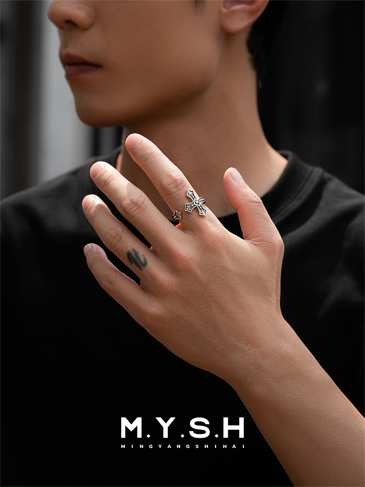 S925 Silver Fleur-de-Lis Cross Open Ring-MYSH