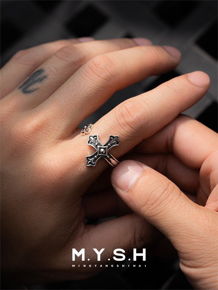 S925 Silver Fleur-de-Lis Cross Open Ring-MYSH