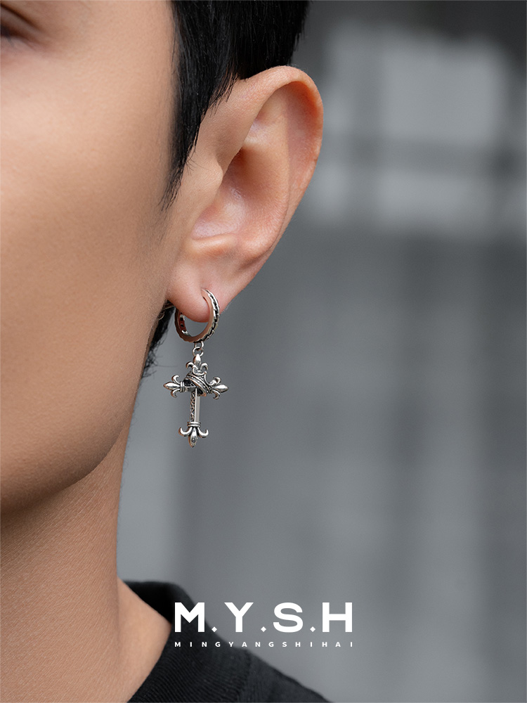 S925 Silver Fleur-de-Lis Crown Cross Drop Earrings