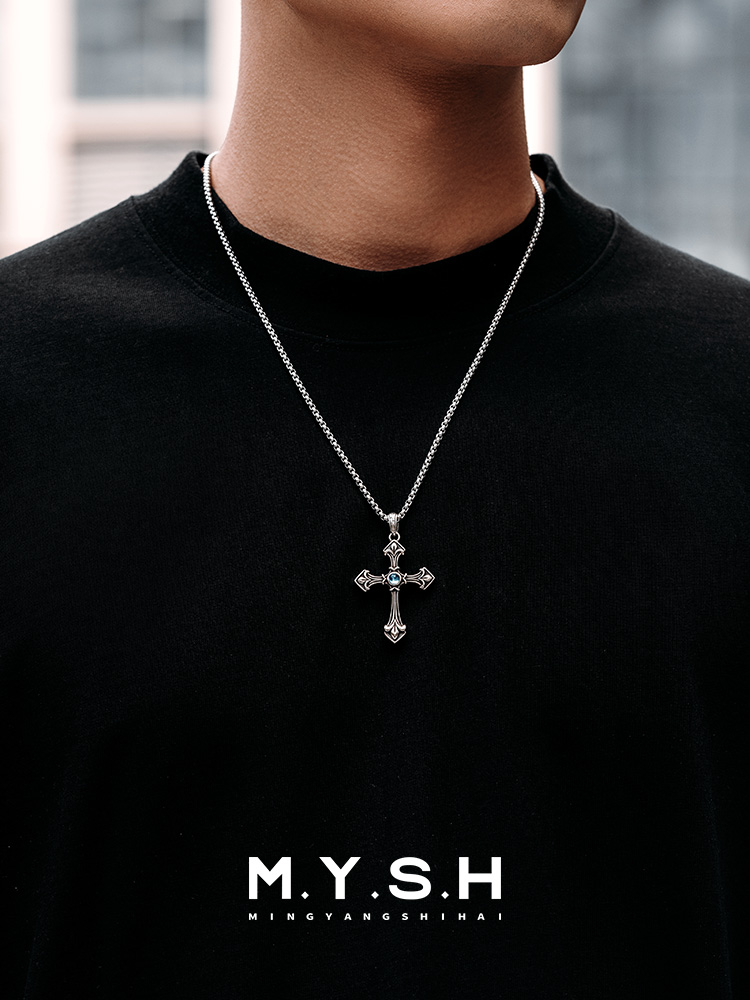 Sterling Silver Blue Topaz Gothic Cross Pendant Necklace