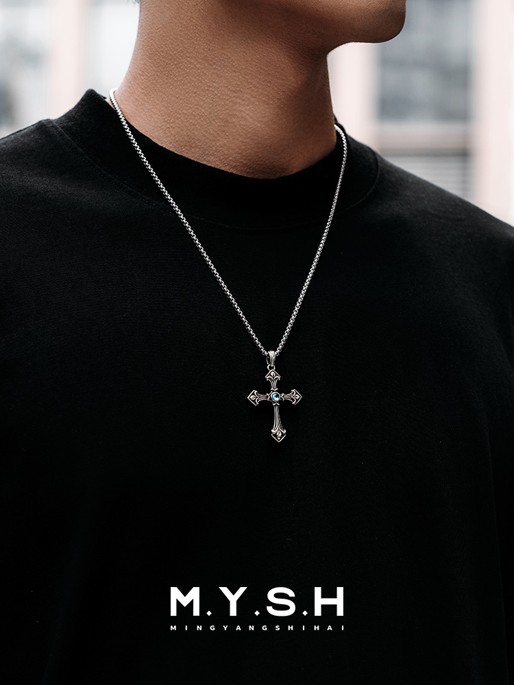 Sterling Silver Blue Topaz Gothic Cross Pendant Necklace