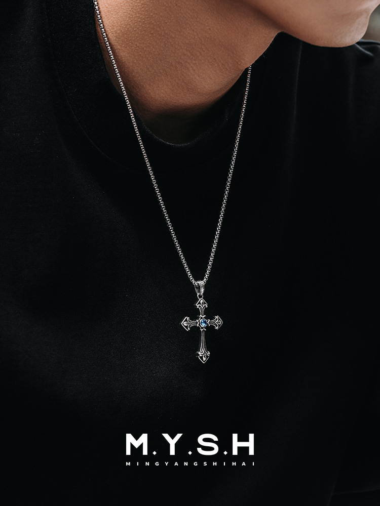 Sterling Silver Blue Topaz Gothic Cross Pendant Necklace