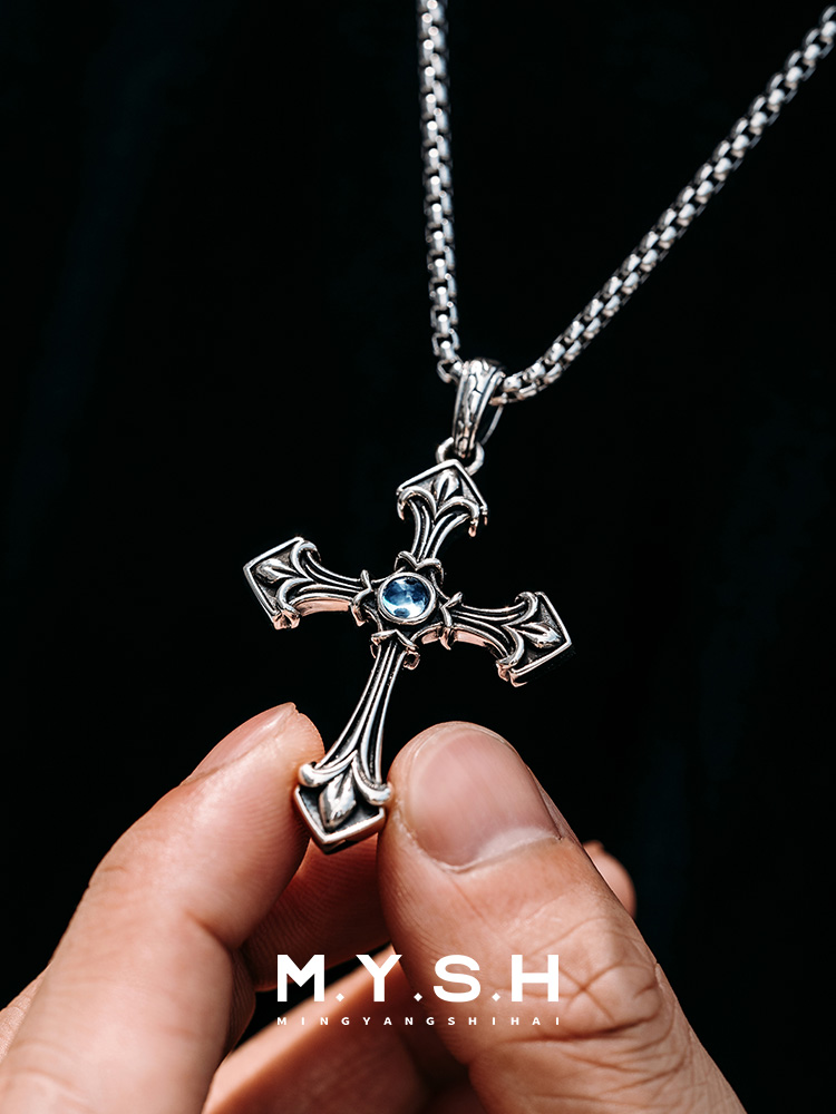 Sterling Silver Blue Topaz Gothic Cross Pendant Necklace
