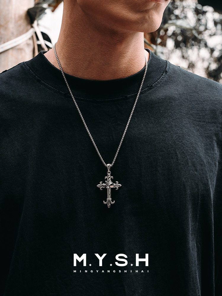 S925 Silver Fleur-de-Lis Crown Cross Pendant Necklace