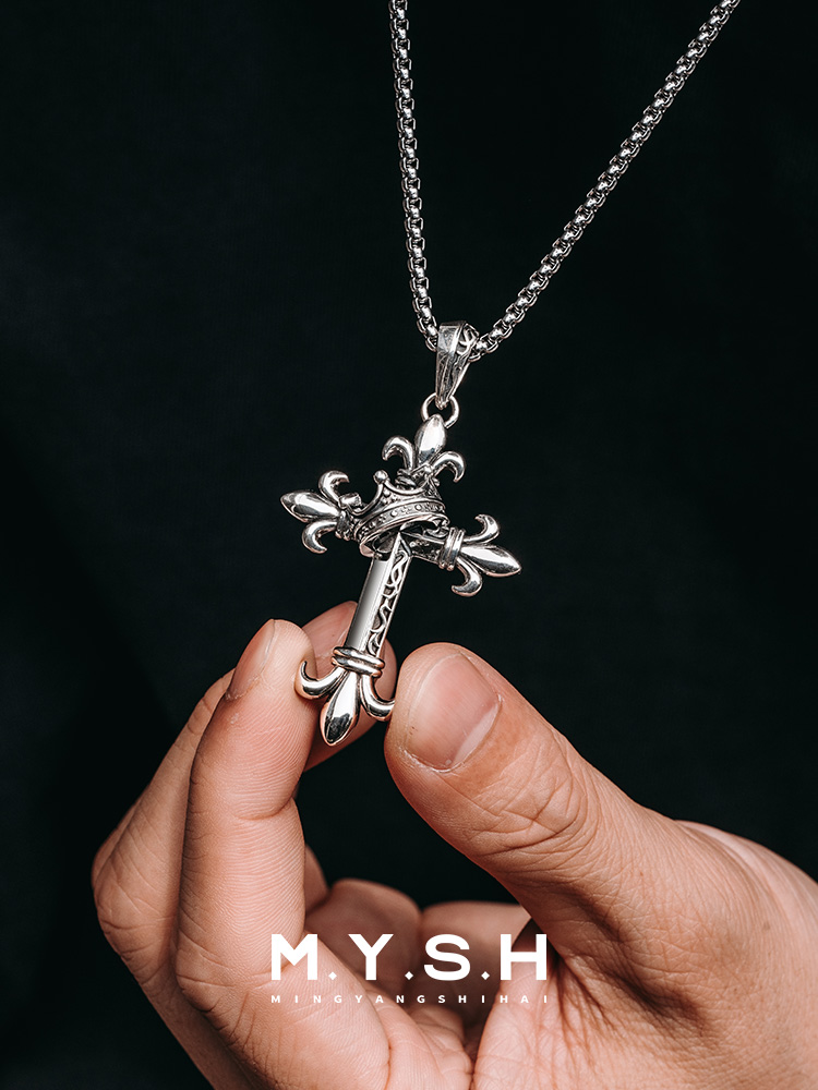 S925 Silver Fleur-de-Lis Crown Cross Pendant Necklace