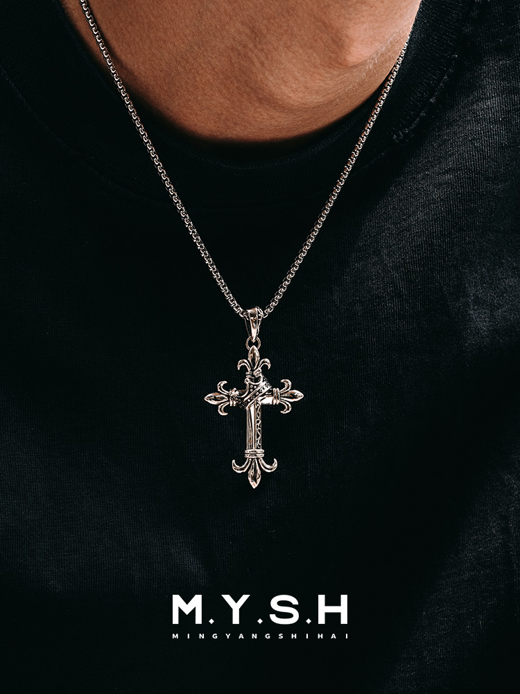 S925 Silver Fleur-de-Lis Crown Cross Pendant Necklace