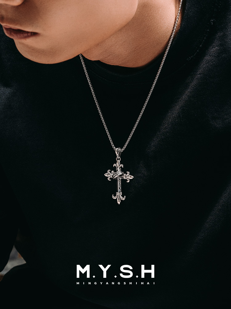 S925 Silver Fleur-de-Lis Crown Cross Pendant Necklace