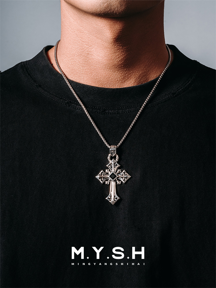 S925 Silver Black Onyx Oversized Cross Pendant Necklace
