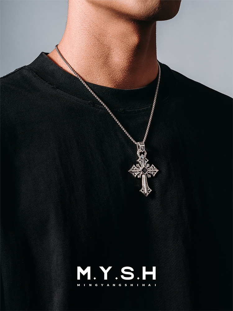 S925 Silver Black Onyx Oversized Cross Pendant Necklace