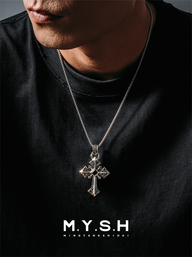 S925 Silver Black Onyx Oversized Cross Pendant Necklace
