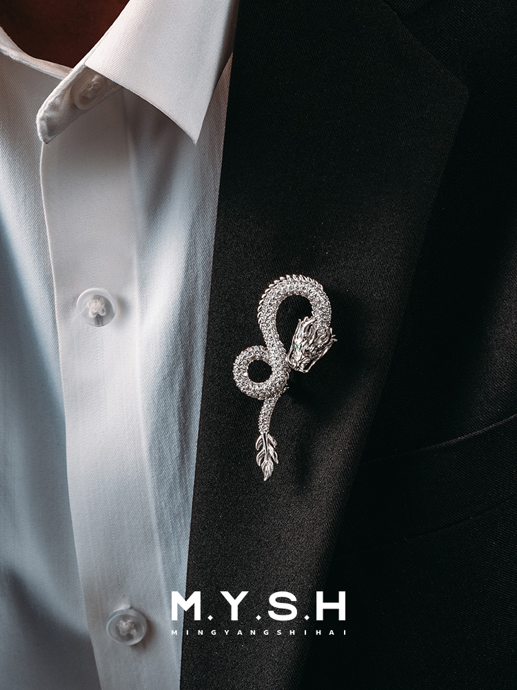 S925 Silver Full Pave Emerald-Eyed White Dragon Lapel Pin
