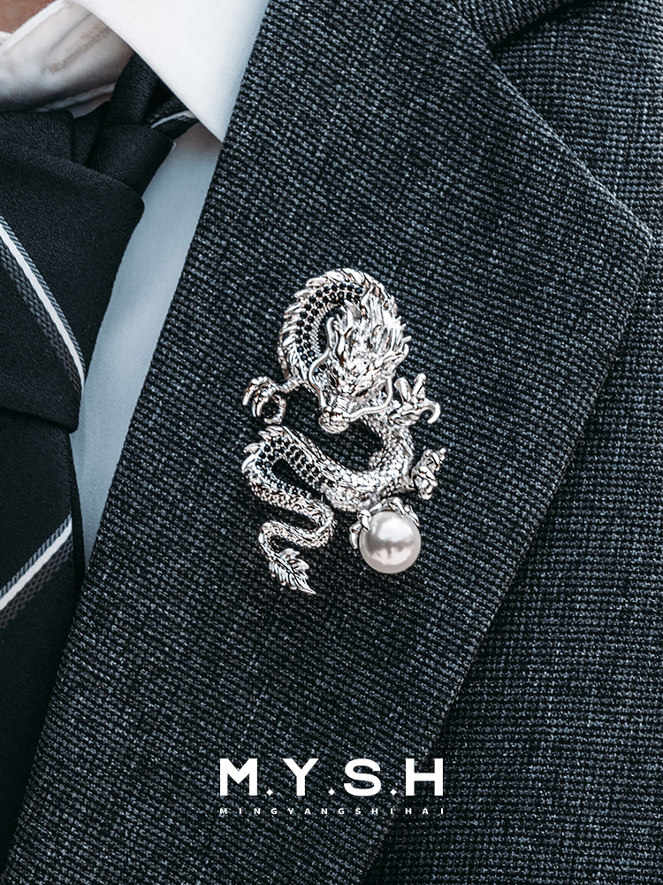 S925 Silver Auspicious Dragon with Pearl Brooch