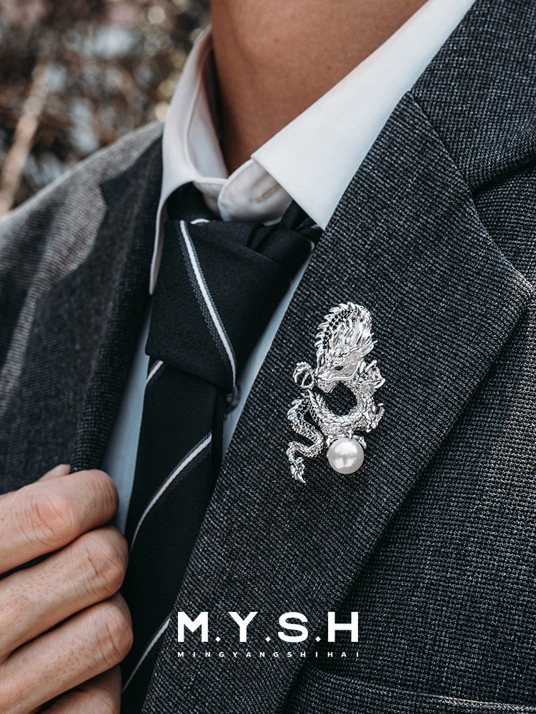 S925 Silver Auspicious Dragon with Pearl Brooch