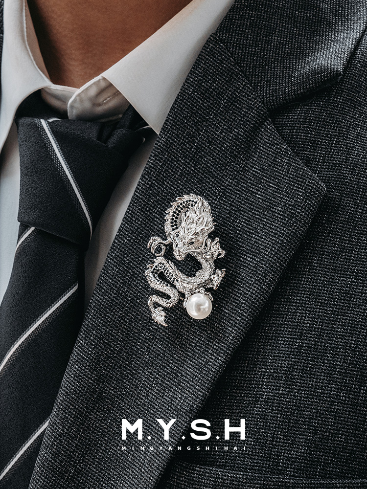 S925 Silver Auspicious Dragon with Pearl Brooch