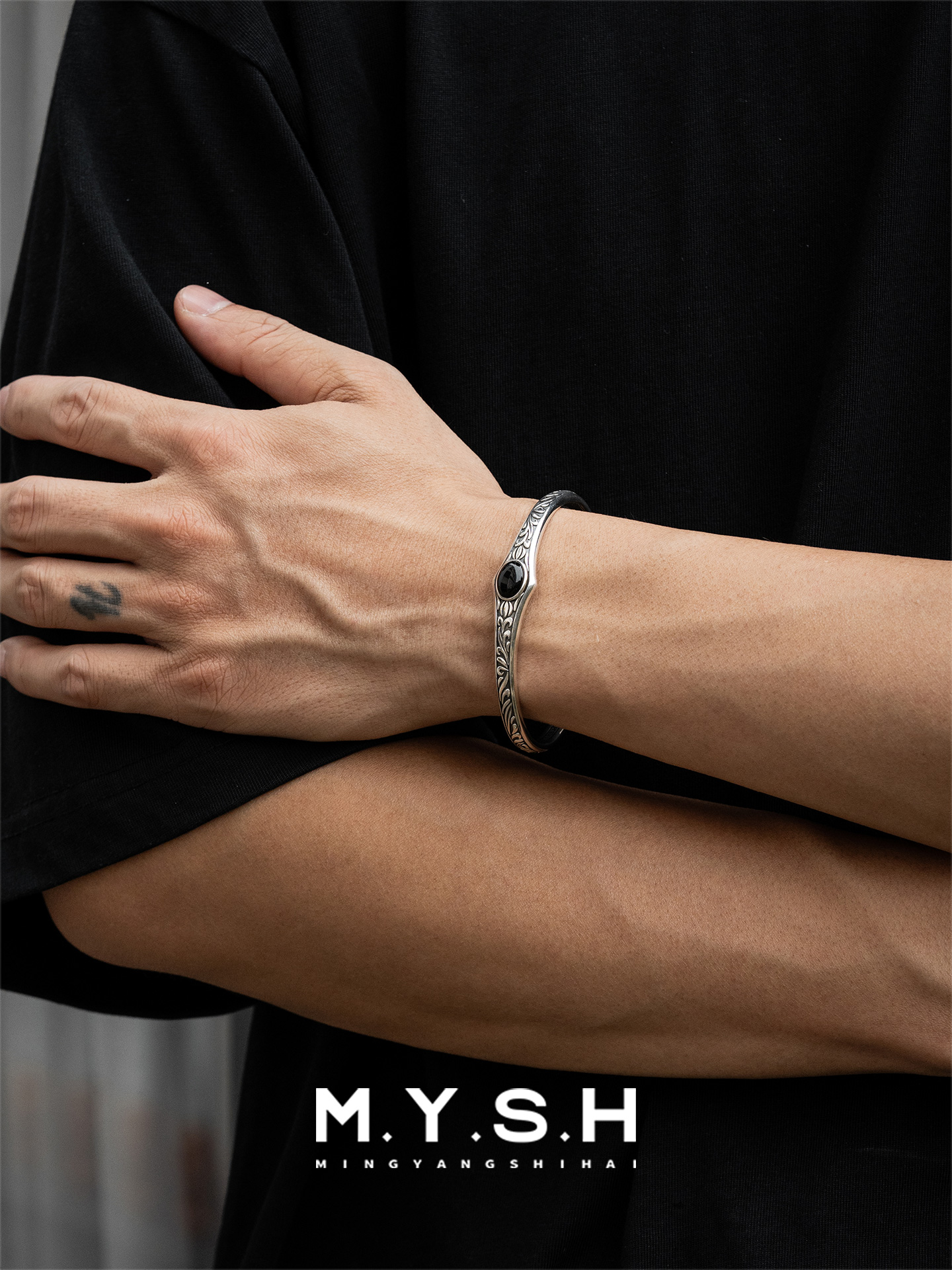 S925 Silver Black Onyx Vine Cuff Bracelet