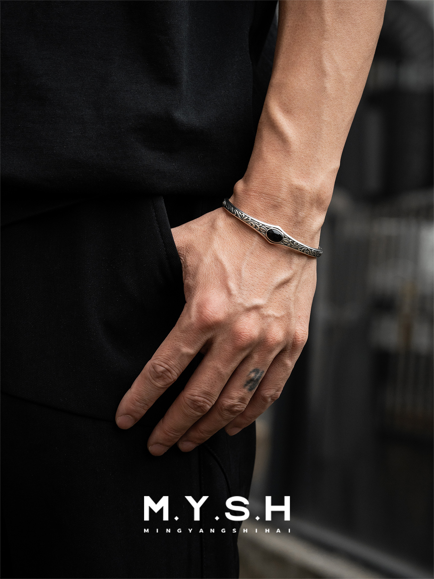 S925 Silver Black Onyx Vine Cuff Bracelet