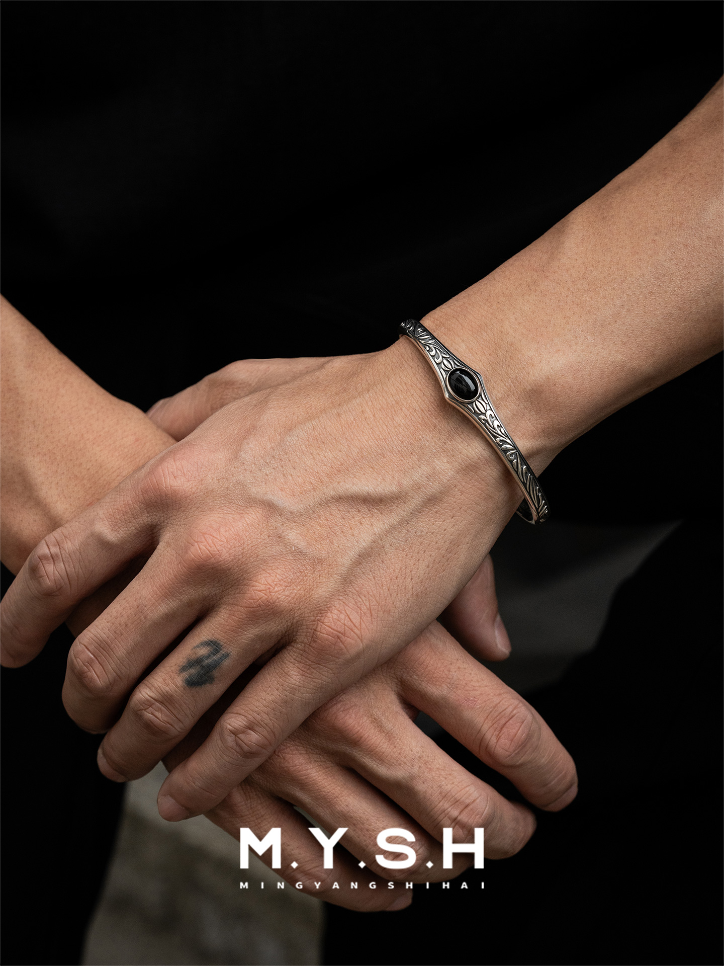 S925 Silver Black Onyx Vine Cuff Bracelet