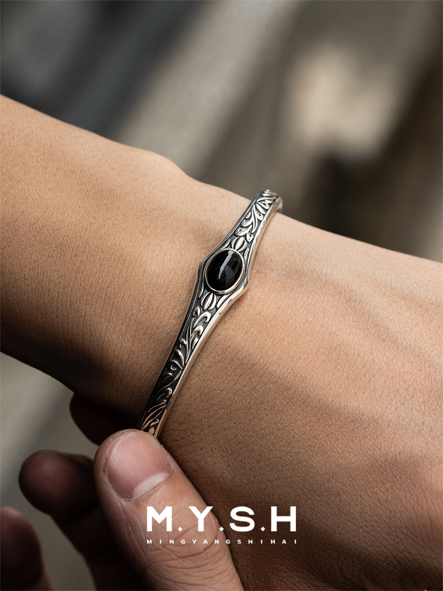 S925 Silver Black Onyx Vine Cuff Bracelet