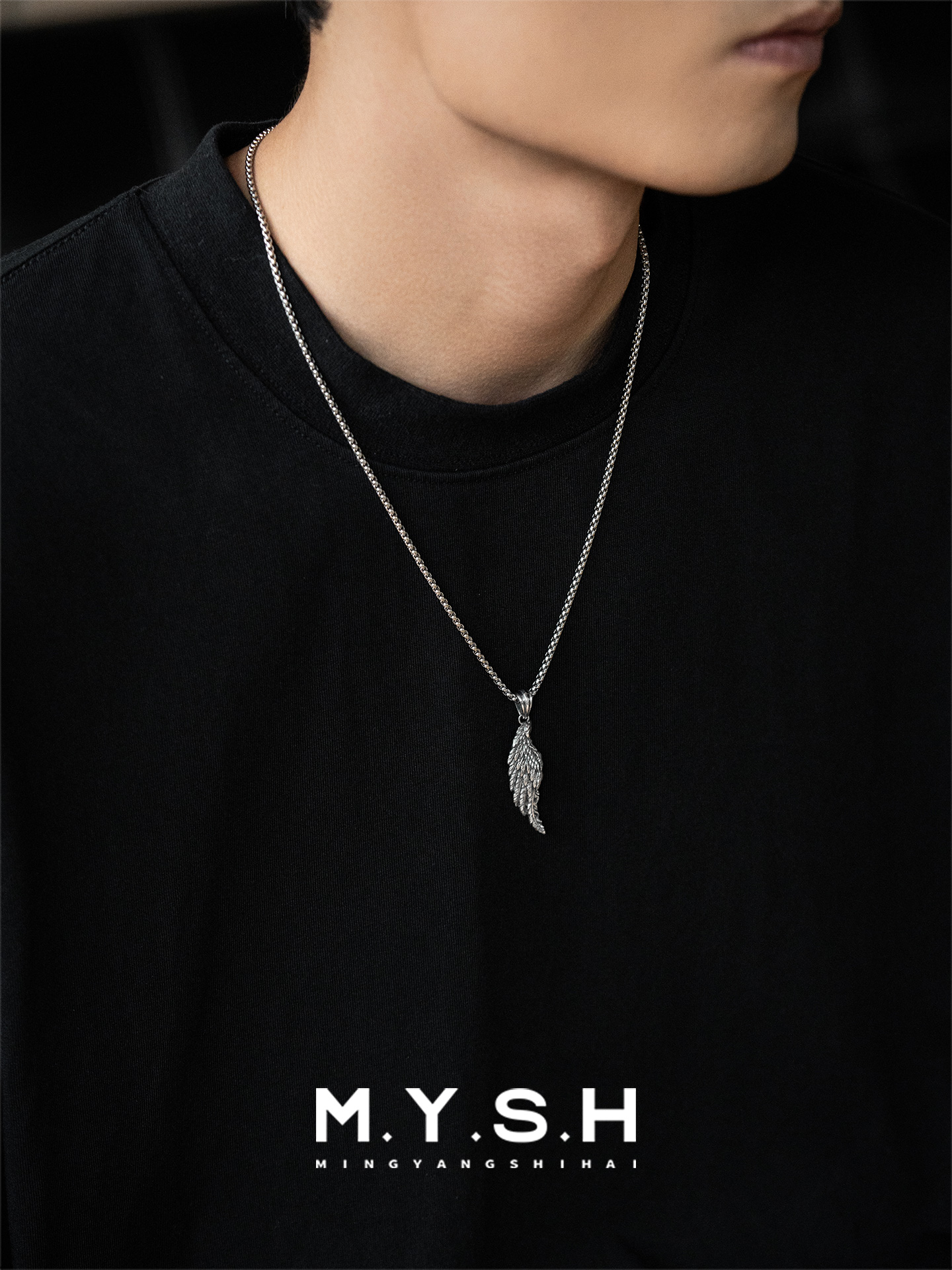 S925 Silver 3D Black Angel Wing Pendant Necklace
