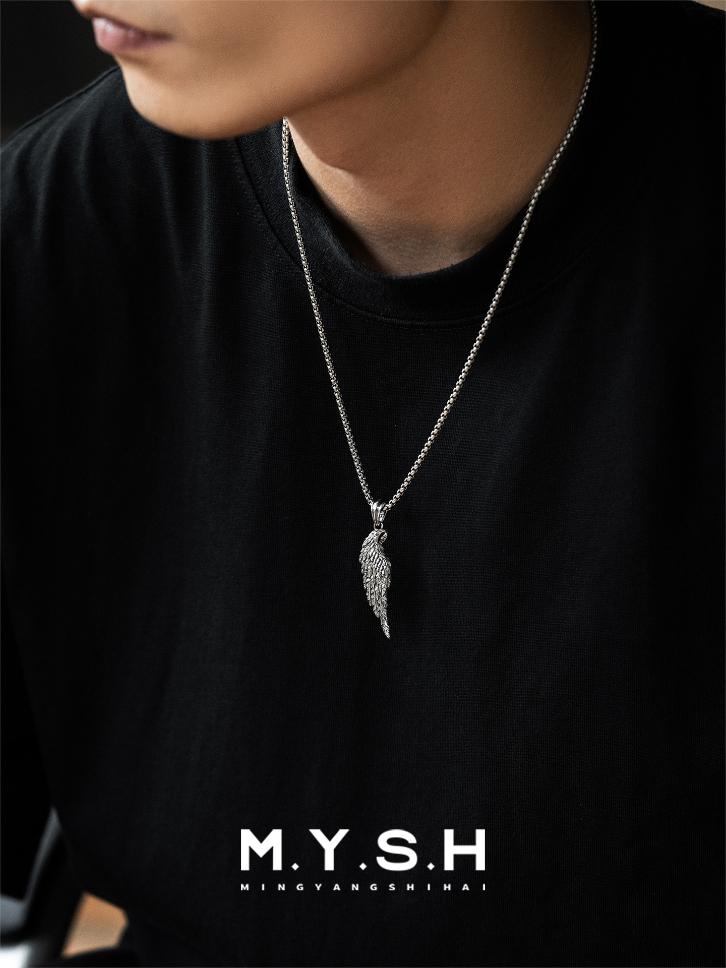 S925 Silver 3D Black Angel Wing Pendant Necklace