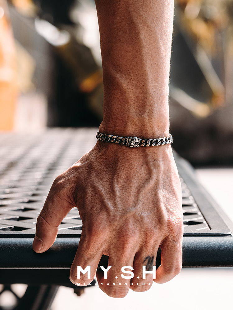 S925 Silver 3D Wood Grain Cuban Link Bracelet