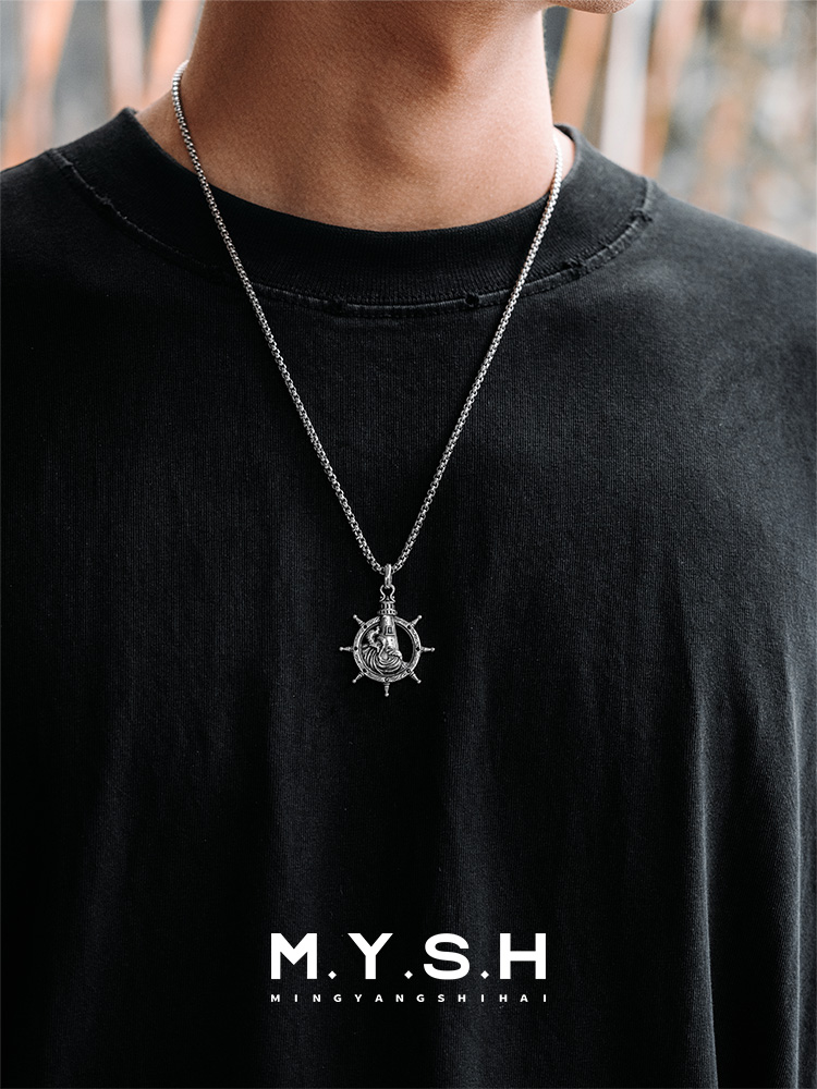 S925 Silver Lighthouse Ship Wheel Pendant Necklace