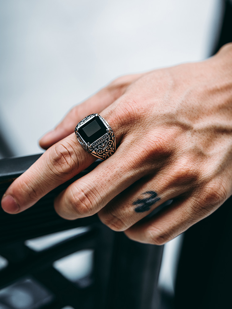 S925 Silver Black Onyx Signet Ring for Men-MYSH