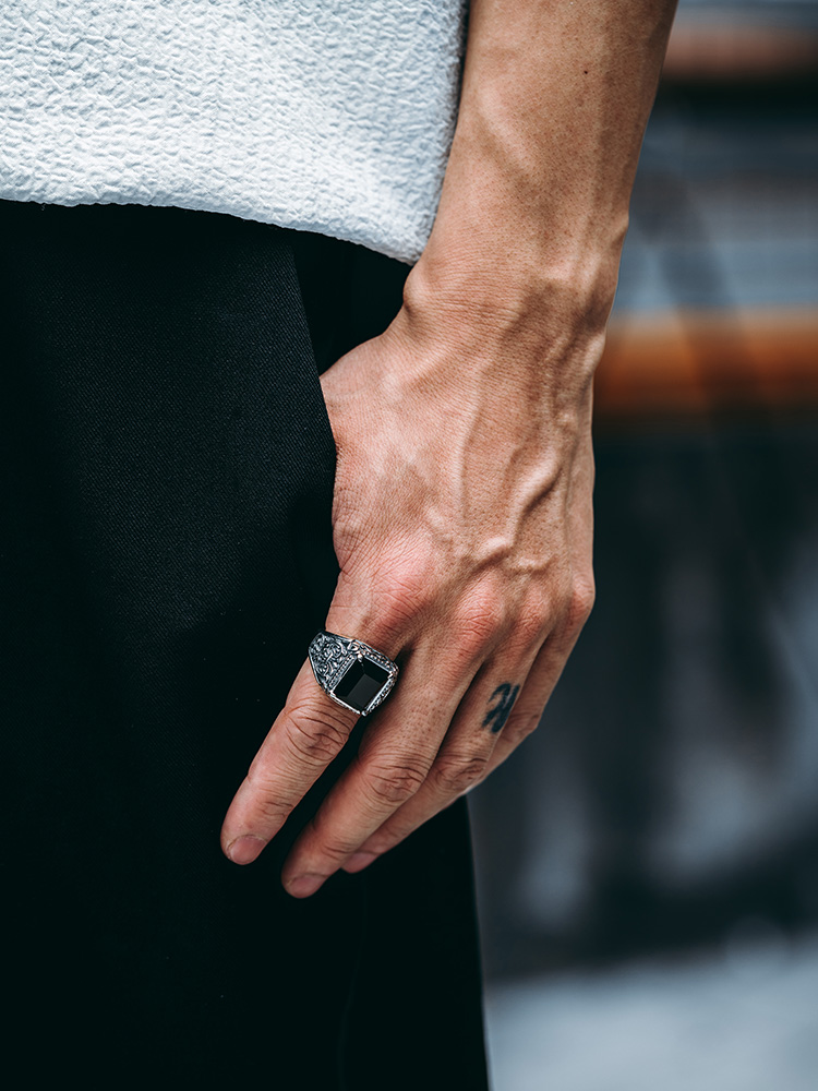 S925 Silver Black Onyx Signet Ring for Men-MYSH