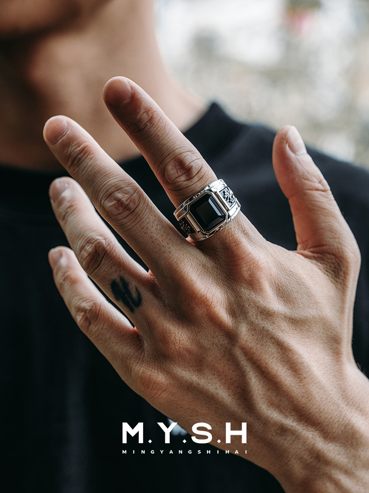 S925 Silver Black Onyx Dragon Head Rectangle Ring