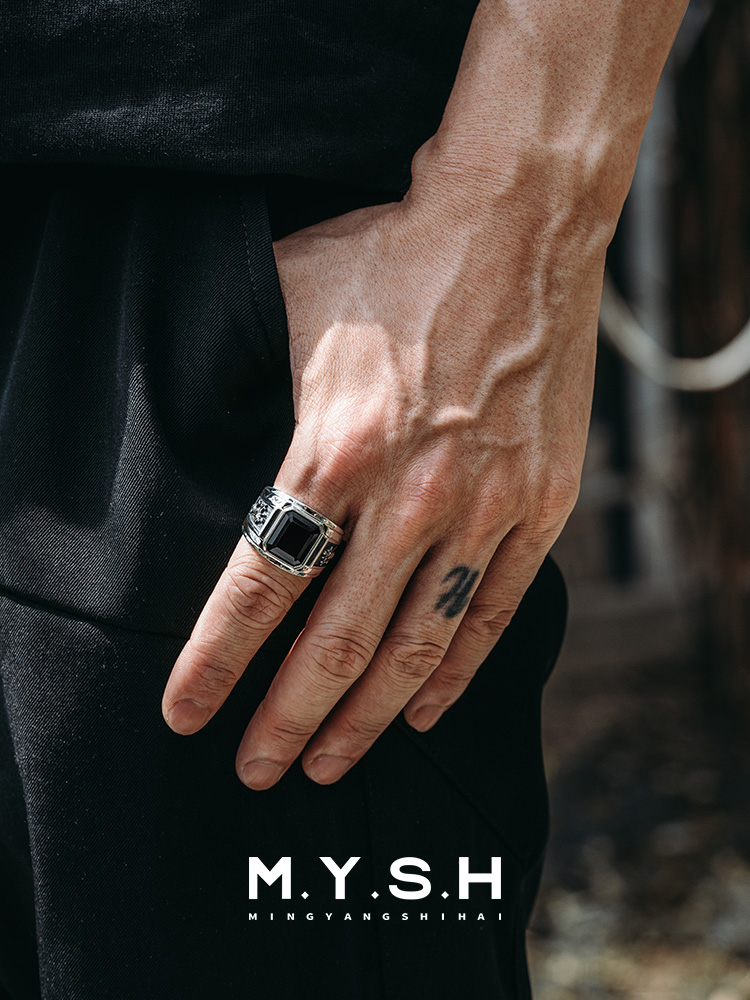 S925 Silver Black Onyx Dragon Head Rectangle Ring