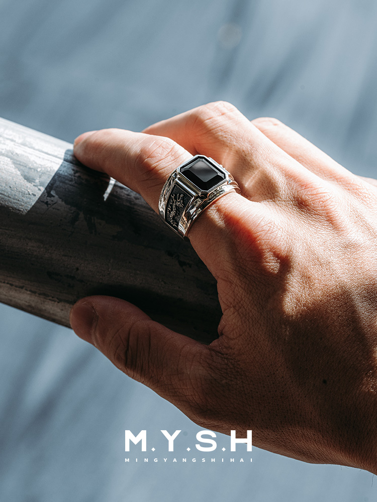 S925 Silver Black Onyx Dragon Head Rectangle Ring