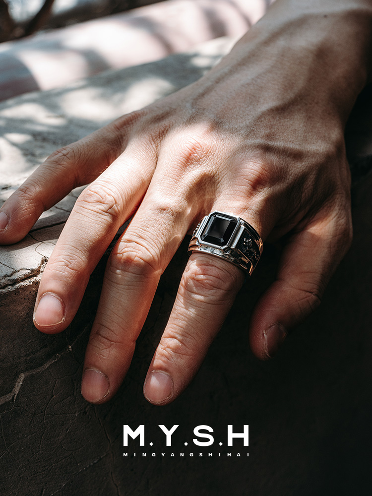 S925 Silver Black Onyx Dragon Head Rectangle Ring