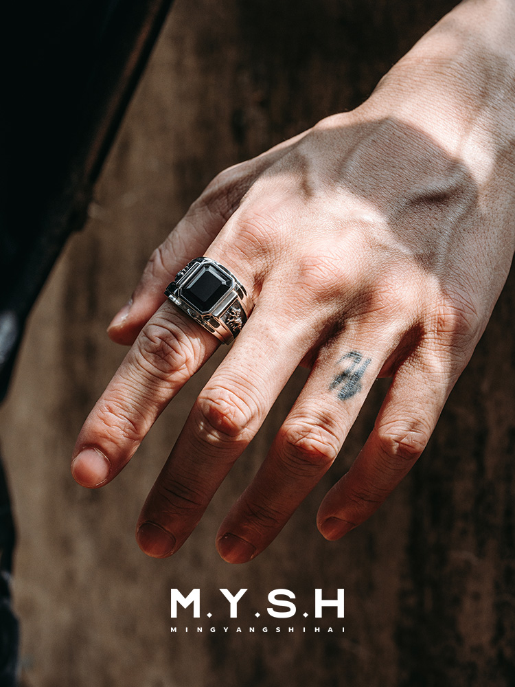 S925 Silver Black Onyx Dragon Head Rectangle Ring