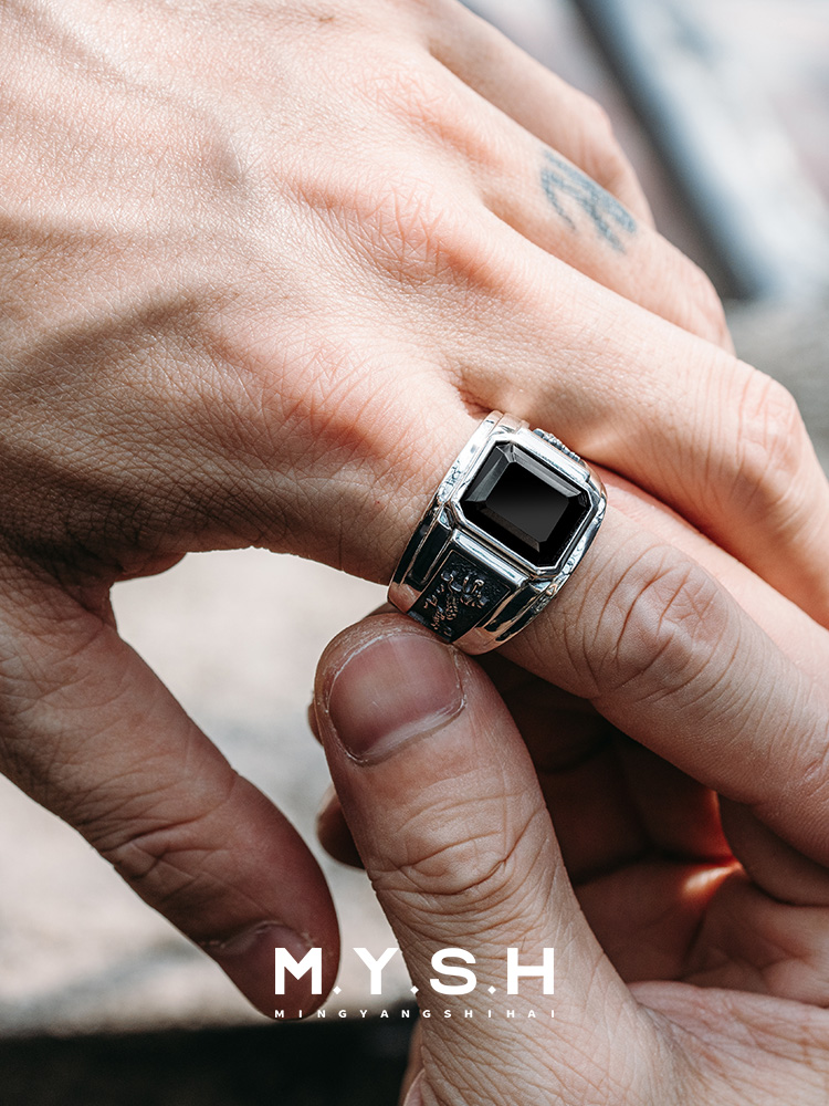 S925 Silver Black Onyx Dragon Head Rectangle Ring