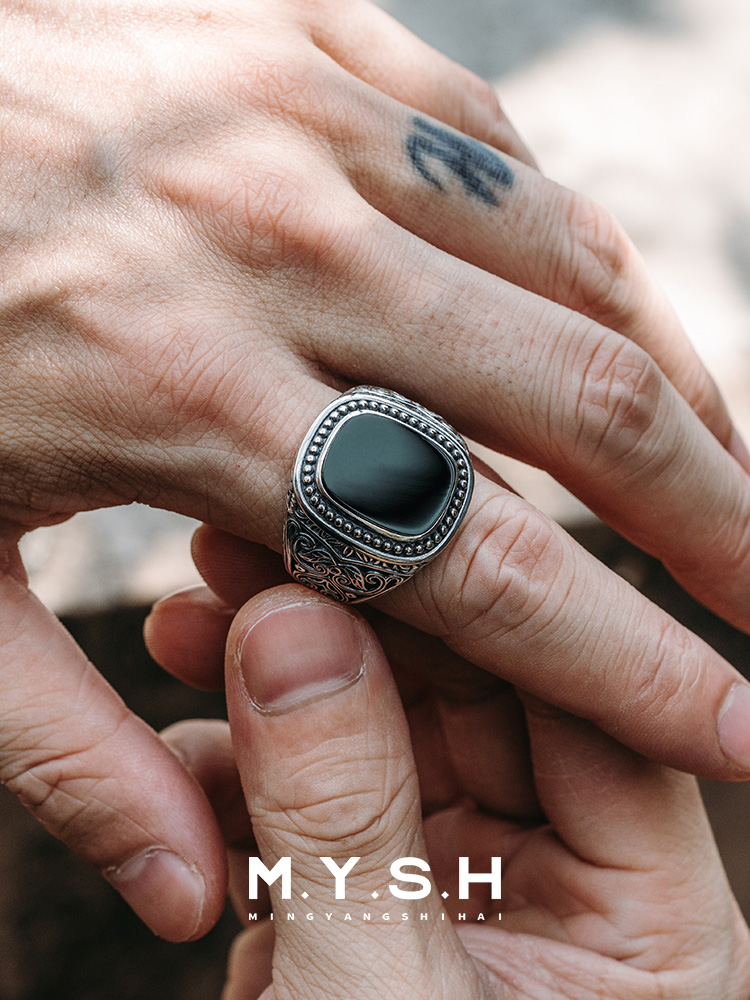 S925 Silver Black Onyx Vintage Square Ring