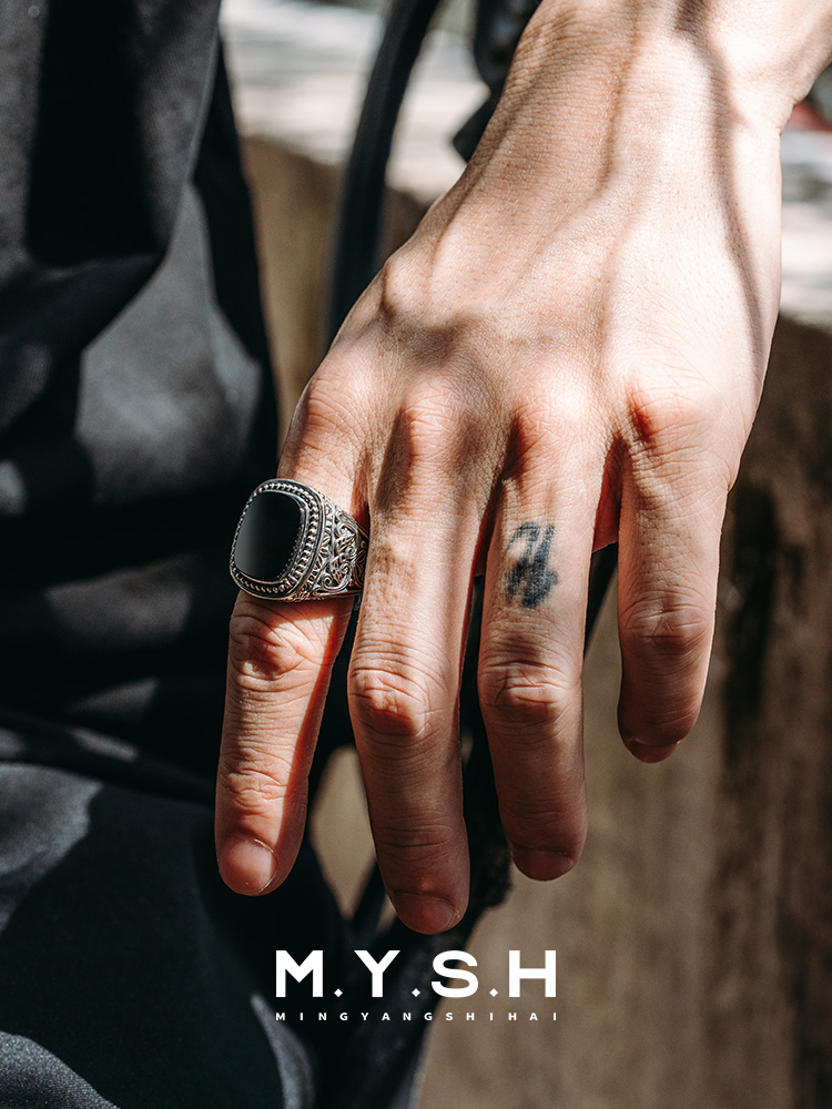 S925 Silver Black Onyx Vintage Square Ring