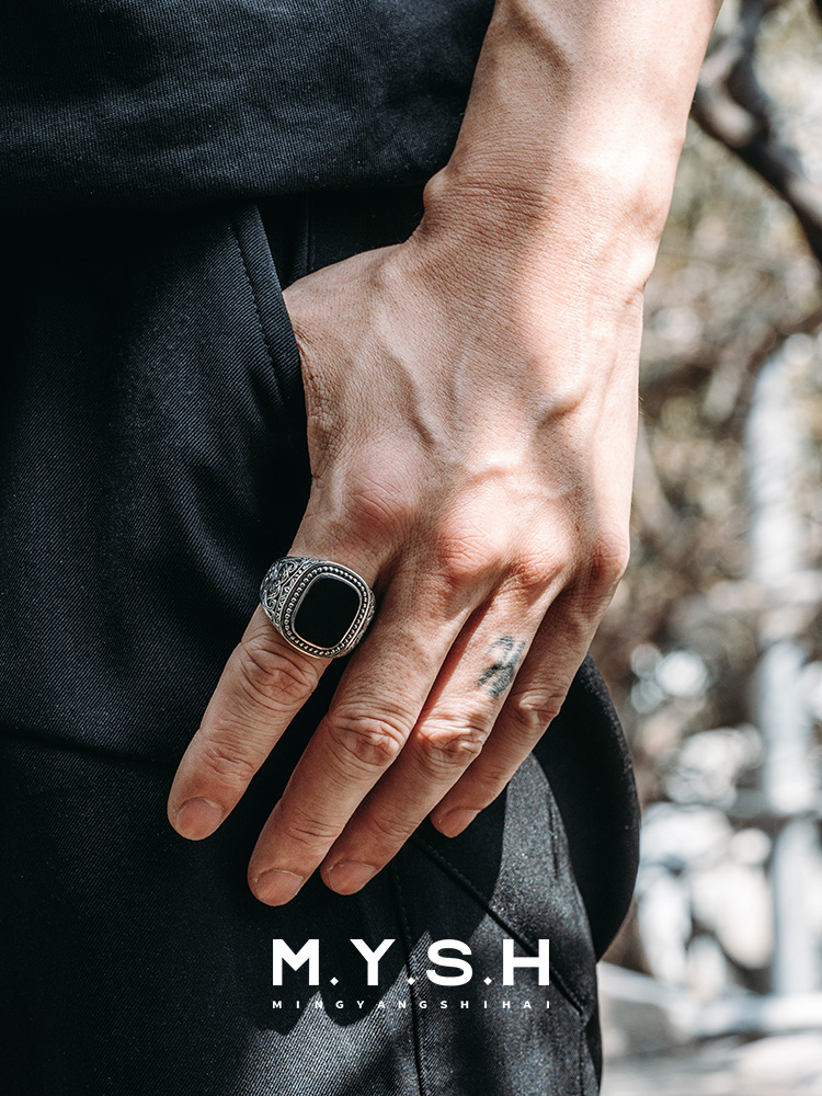 S925 Silver Black Onyx Vintage Square Ring