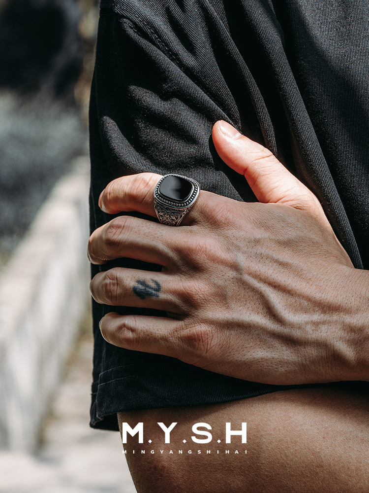 S925 Silver Black Onyx Vintage Square Ring