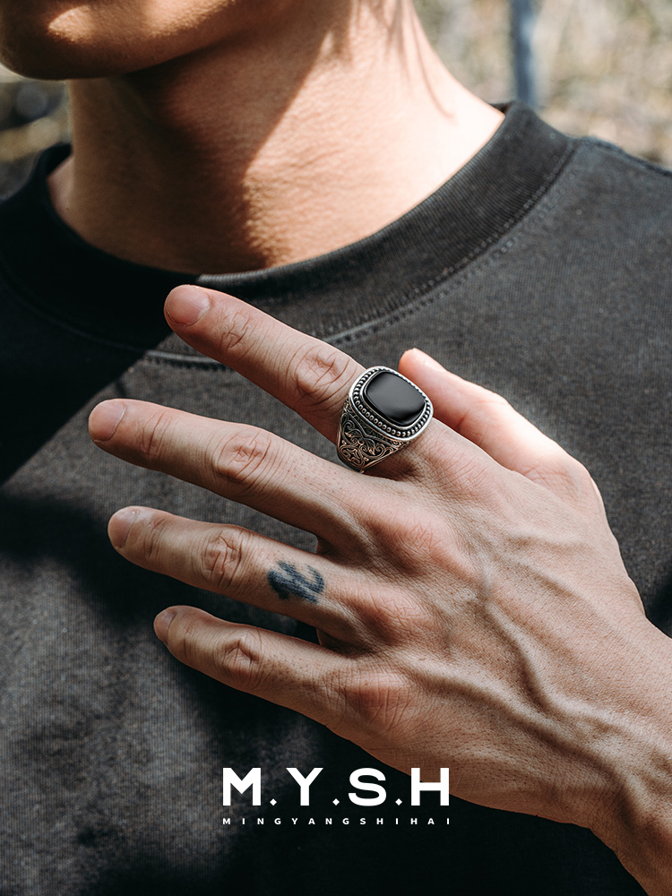 S925 Silver Black Onyx Vintage Square Ring