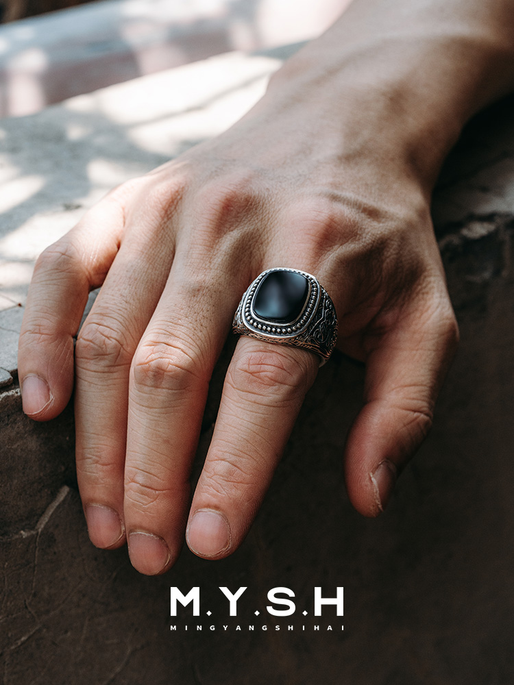 S925 Silver Black Onyx Vintage Square Ring