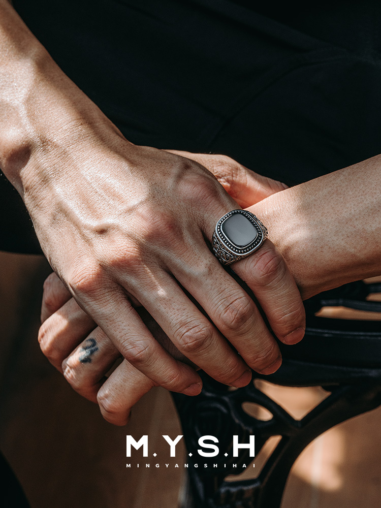 S925 Silver Black Onyx Vintage Square Ring