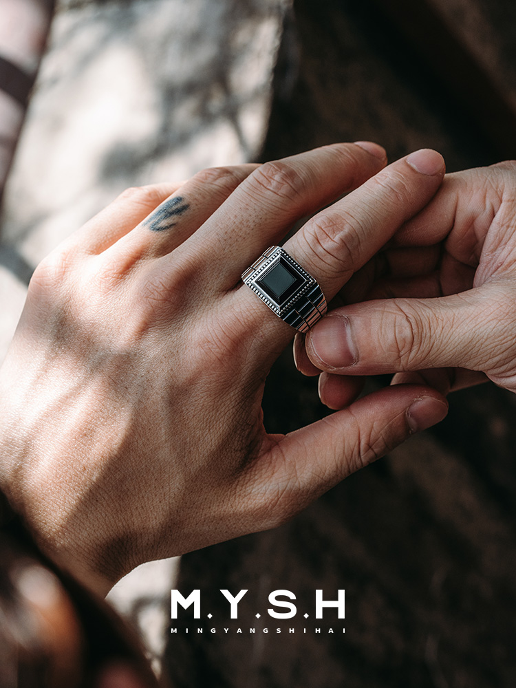 S925 Silver Black Onyx Square Signet Ring