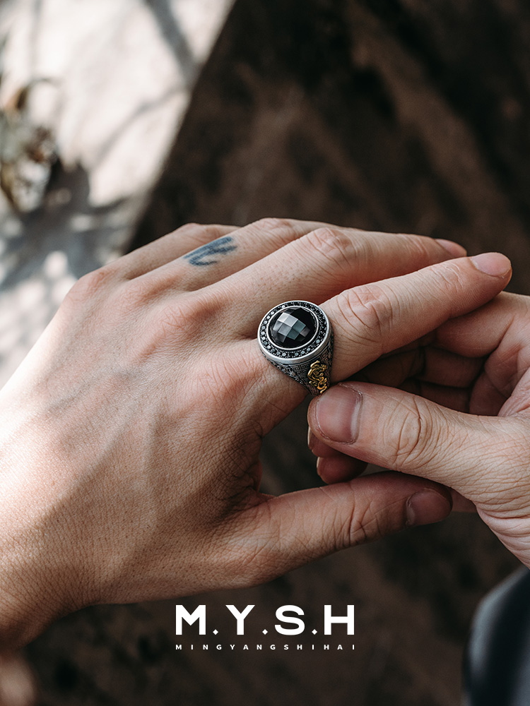 S925 Silver Black Onyx Pi Xiu Statement Ring