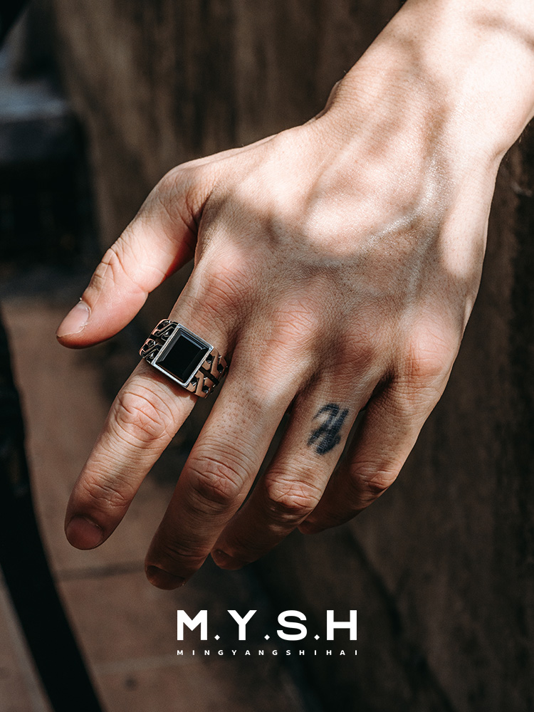 S925 Silver Black Onyx Geometric Chain Statement Ring