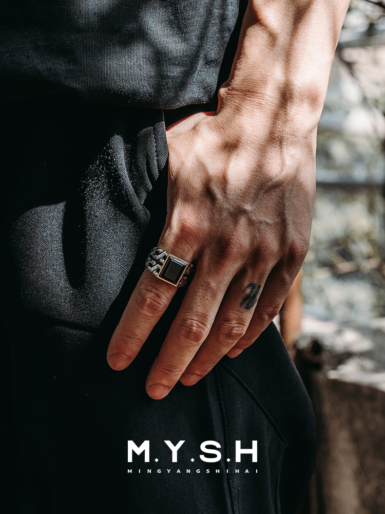 S925 Silver Black Onyx Geometric Chain Statement Ring