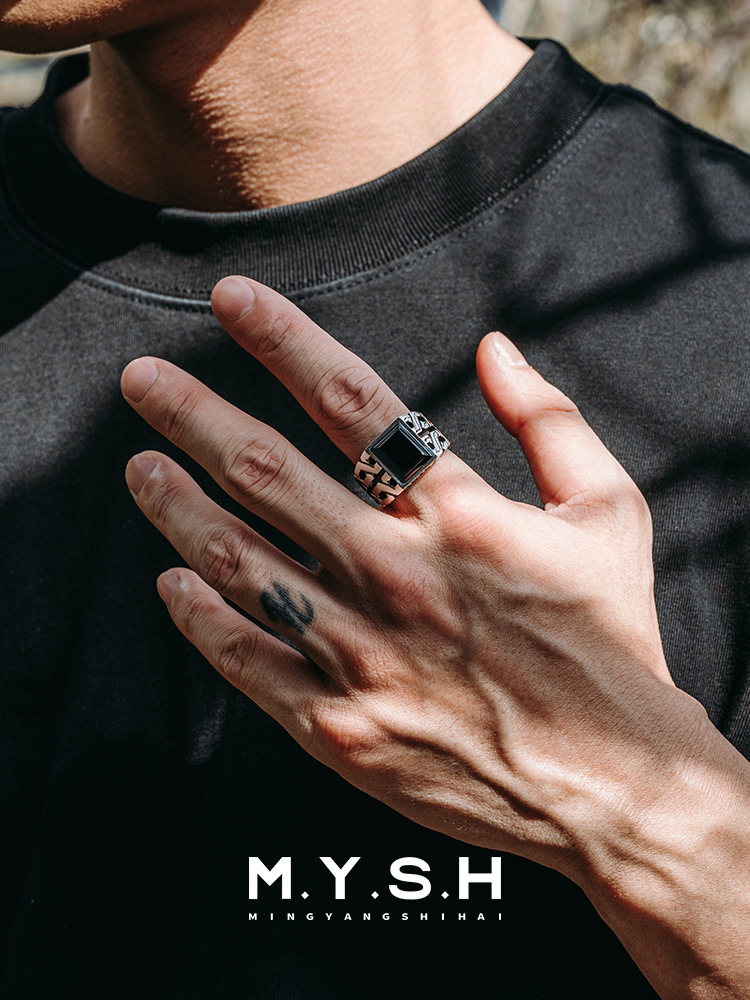 S925 Silver Black Onyx Geometric Chain Statement Ring