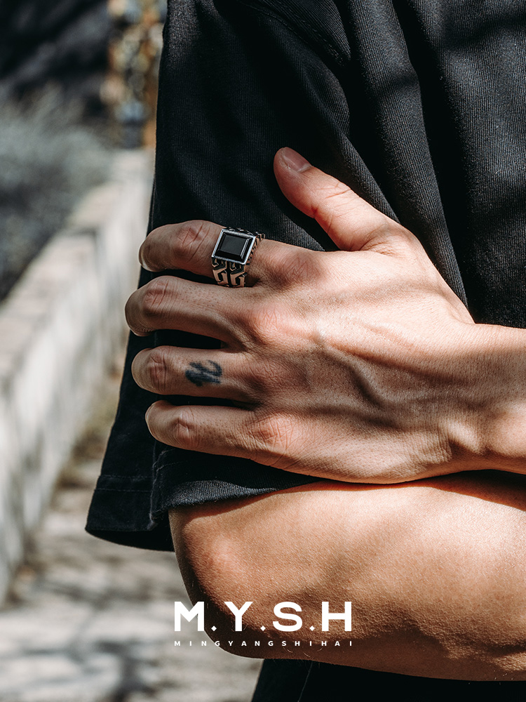 S925 Silver Black Onyx Geometric Chain Statement Ring