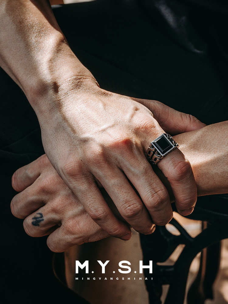 S925 Silver Black Onyx Geometric Chain Statement Ring