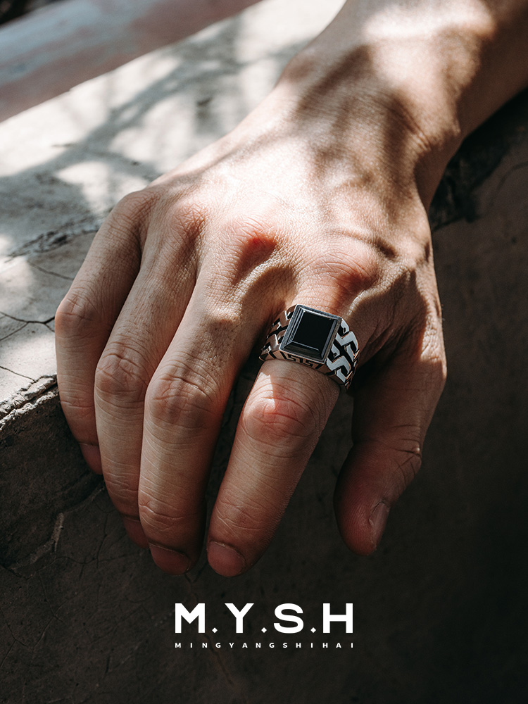 S925 Silver Black Onyx Geometric Chain Statement Ring